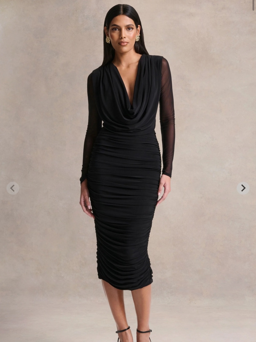 Black Draped Cowl-Neck Long Sleeve Midi Dress